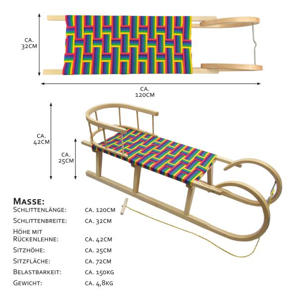 BAMBINIWELT Holzschlitten, Hörnerrodel mit Zugseil und Rückenlehne, Sitzfläche aus Kunstfasern im Regenbogendesign, 120cm