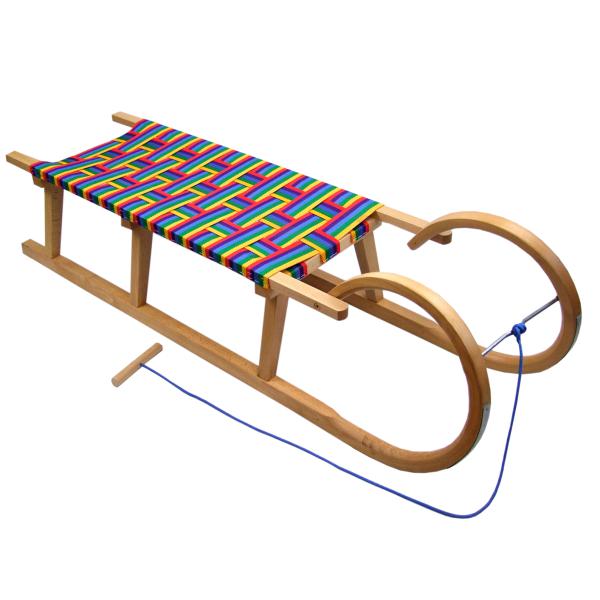 BAMBINIWELT Holzschlitten, Hörnerrodel mit Zugseil, Sitzfläche aus Kunstfasern im Regenbogendesign, 120cm