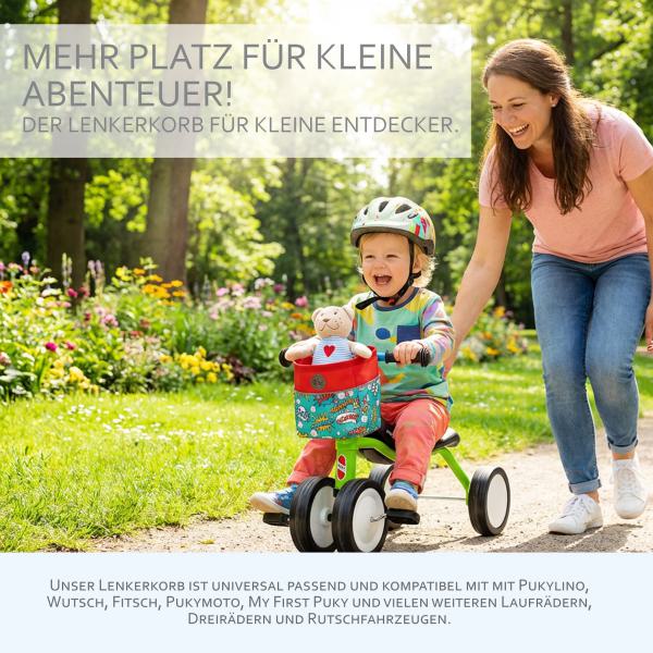 BAMBINIWELT Lenkertasche, Lenkerkorb, OFFEN für Dreirad, Laufrad, Rutschfahrzeug, Fahrradtasche für Kinder, wasserabweisend, z.B. Puky Wutsch