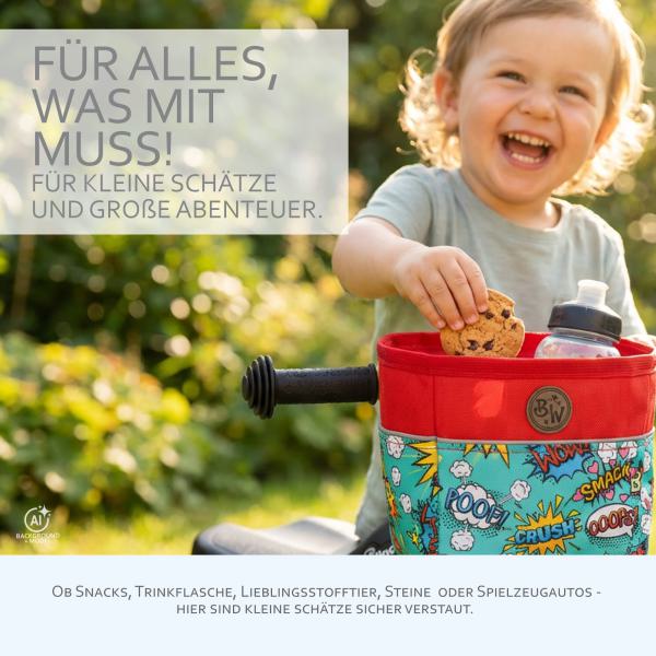 BAMBINIWELT Lenkertasche, Lenkerkorb, OFFEN für Dreirad, Laufrad, Rutschfahrzeug, Fahrradtasche für Kinder, wasserabweisend, z.B. Puky Wutsch