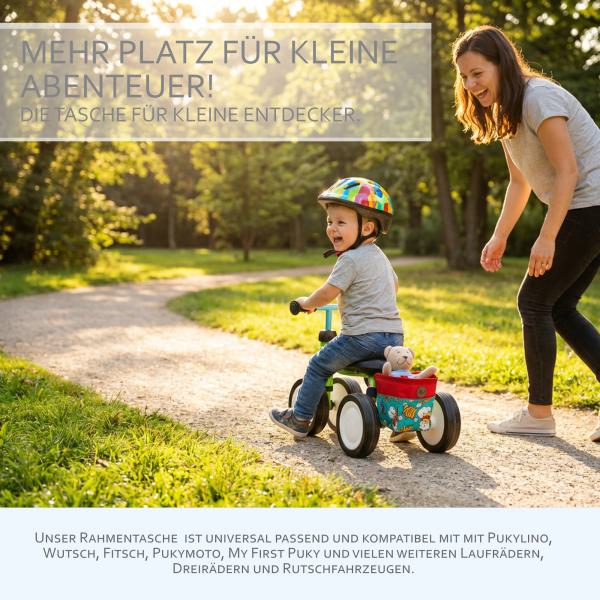 BAMBINIWELT offene Rahmentasche, Tasche für Dreirad, Rutschfahrzeuge, Tretfahrzeuge für Kinder, wasserabweisend, z.B. Puky Wutsch