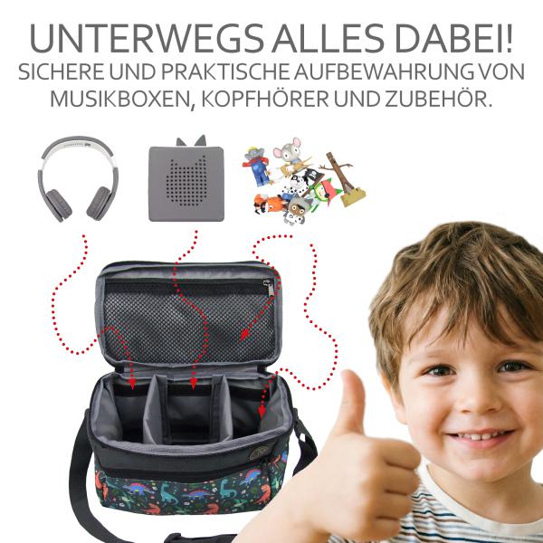 BAMBINIWELT Musikbox-Tasche für Hörwürfel z.B. Toniebox und Tigerbox Touch, verstellbare Innenfächer, Netzfach und Fronttasche für Zubehör